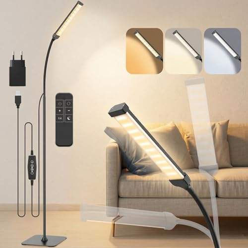 Rosnek LED Stehlampe, Timer Leselampe mit 3 Farbtemperatur & 5 Dimmstufen, Stehlampen für Wohnzimmer mit 360° Schwanenhals & Dimmer, USB-Leselampe Stehend für Kinderzimmer, Büro, Wohnzimmer
