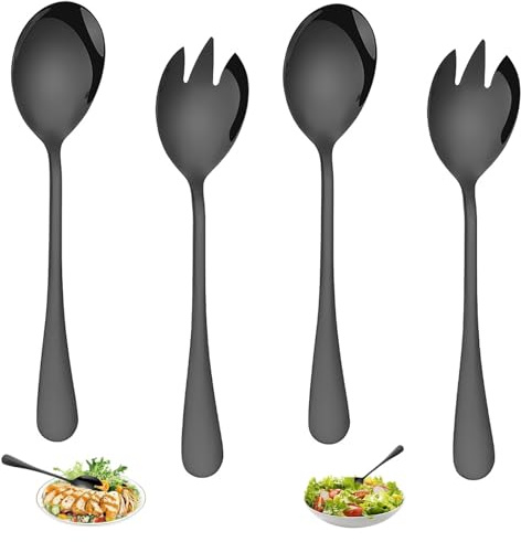 HREDZEO Stainless Steel Salad Servers Set of 4,Salad Spoon and Fork Set Salad Spoon Fork Serving Salad Cutlery for Home Picnic Party Restaurant Black