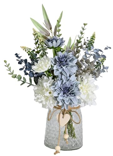 Artificial Flowers with Vase, Faux Dahlia Flower Arrangement in Glass Vase, Blue and White Silk Flowers with Eucalyptus for Home Office Kitchen Dining Table Centerpiece Decor