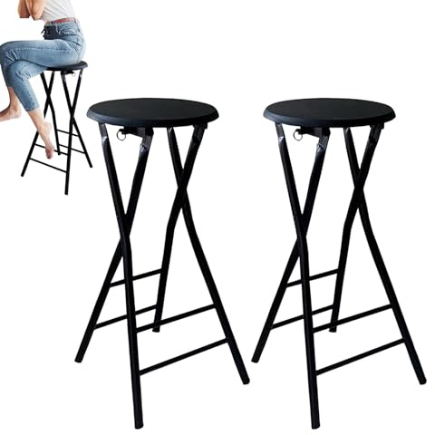 Sgabello da bar alto pieghevole rotondo con poggiapiedi, 80 cm, nero, sgabello da cucina pieghevole portatile, design senza schienale, set di 2 per uso domestico e bar