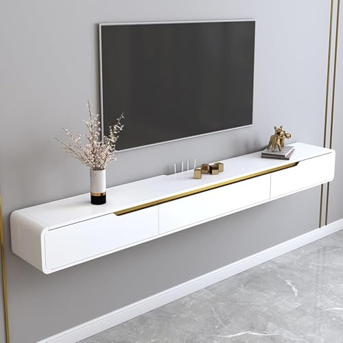 Console d'entrée en marbre avec miroir, meuble TV mural moderne, meuble TV flottant, console multimédia murale, meuble de divertissement en bois avec porte à rabat, éclairage LED, design à d