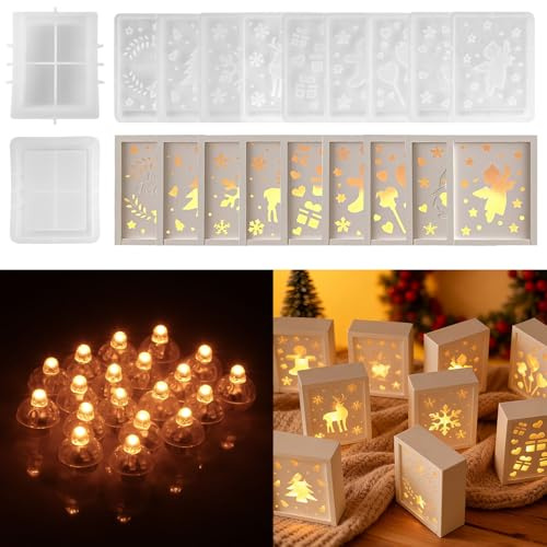 Silikonformen Gießformen Geschenkbox, 10 Stück Silikonformen Gießformen Weihnachten mit 20 LED Ballonlichtern, Gips Giessformen Weihnachtsmotive Set, DIY Geschenkbox mit Deckel