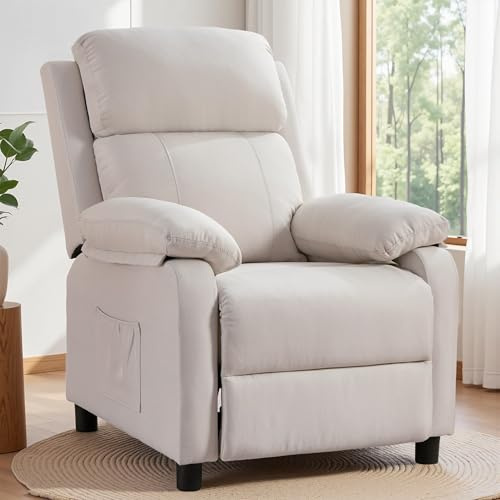 Korser Recliner Chair, Living Room Chairs for Adults, Padded Deep Seat Reading Chair with Side Pockets, Small Recliners for Small Spaces, Lounge Chair for Living Room, Bedroom, and RV (Linen)