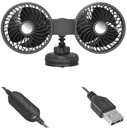 ZYMIADOU Double Head Car Fan With Powerful Suction Cup Adjustable Wind Direction Quiet Cooling For Vehicles Trucks SUVs Double Head Car Fan