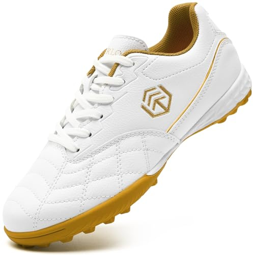 PiDaGlobal Boys Football Boots Kids Girls Club Firm Ground Soccer Shoe Astro Turf Trainers Athletics Sport Futsal Shoes Teenager Profession Competition Indoor Outdoor Sneakers 3.5UK White