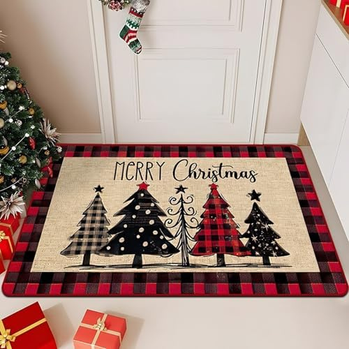 Christmas Decorations Door Mat Indoor and Outdoor Five Trees Pattern Welcome Mat for Home Decoration Non Slip Backing Front Door Porch and Home Bathroom Merry Xmas and Happy New Years Doormat 40x60cm