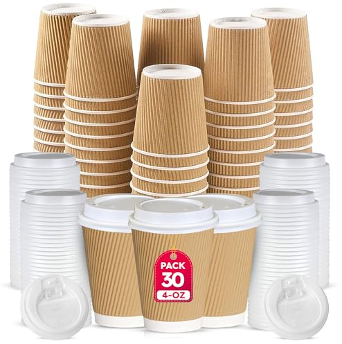 CHEF ROYALE 30x 4oz Kraft Takeaway Paper Coffee Cups with Lids - Triple Walled Disposable Cups for Hot & Cold Drinks (30)
