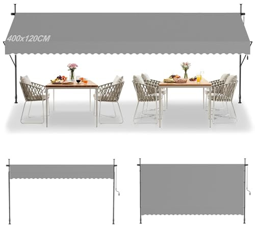 Suusolny Klemmmarkise ohne Bohren mit Handkurbel Balkonmarkise UV-Schutz Markise höhenverstellbar Sonnenschutz wasserabweisend für Balkon Terrasse Garten - Grau - 400x120cm