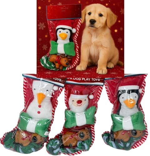 Zvire Julleksak strumpa – 4 st hundlekset (blandade mönster) 1 paket ingår – festlig hundpresentset med plysch, rep och pipiga leksaker – julklapp för hundar