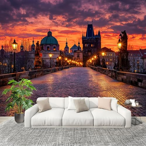 Fotomurales 200x140 cm Arquitectura De La Ciudad Del CrepúSculo Decoración Muro Murales Papel Pintado tejido no tejido Púrpura Moderna Panoramico Fotográfico Adhesivos Impermeable Papel Tapiz
