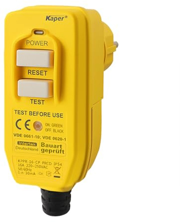 Kaper PRCD Prise de Protection Personnelle, 16 A, 230 V, IP54, Disjoncteur FI Portable avec Courant de Déclenchement de 30 mA, Étanche pour Chantier, Jardin, Camping et Atelier