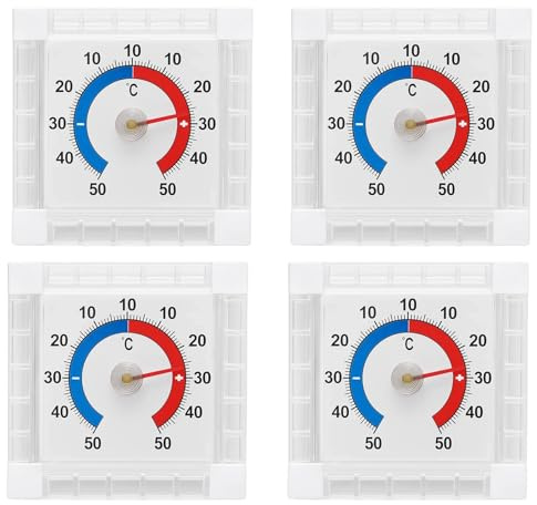 4 Stück Fensterthermometer Außen Selbstklebend aus Kunststoff. Das Thermometer Außen misst Temperaturen von -50°C bis 50°C genau und zuverlässig.