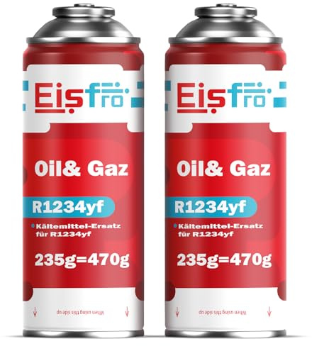 Eisfro - Gas sostitutivo R1234yf per climatizzatori – Ricarica climatizzatore auto – Gas per veicoli dal 2016 – Kit di ricarica gas – 2 bombolette da 235 g