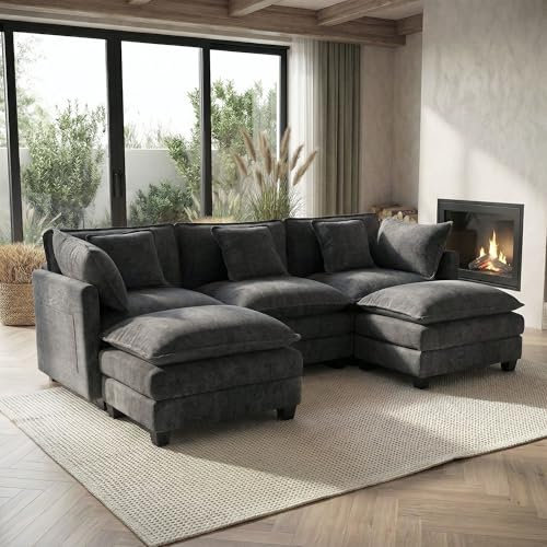 GRAVFORCE Sofa mit Schlaffunktion 239 cm U Form 3 Sitzer Sofa mit 2 Hocker Couch Modulares Ecksofa Chenille Couch mit tiefer Sitz für Wohnzimmer Wohnung Büro Dunkelgrau