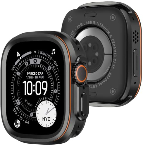 Amizee Metallfodral kompatibelt med Apple Watch Ultra 3/2/1 fodral 49 mm, robust skyddande stötfångare med baksidesskydd beständigt skyddskåpa för iWatch Ultra 49 mm, svart/orange
