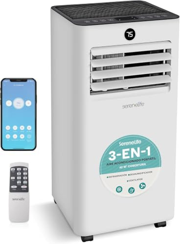SereneLife Climatizzatore portatile 9000 BTU, climatizzatore WiFi con telecomando, kit di montaggio per finestra, deumidificatore e ventilatore, compatto per casa, ufficio e scuola