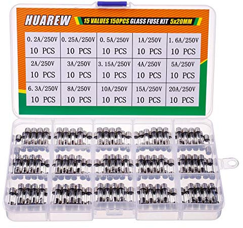 HUAREW 15 valeurs 150 pièces 5x20mm fusibles en verre à fondre rapide 0,2x0,78 pouce 250V tension 0,2 0,25 0,5 1 1,6 2 3 3,15 4 5 6,3 8 10 15 20A ampère Kit de classification