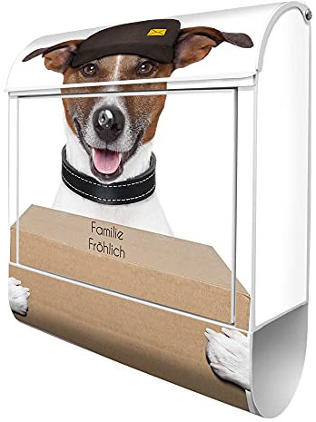 banjado Design Briefkasten mit Zeitungsfach 38,5 x 46,5 x 13cm / Postkasten mit Zeitungsrolle/Stahl Briefkasten bunt/Wandbriefkasten A4 Einwurf, Montagematerial, Paketdienst Jack Russel