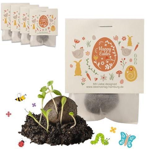 4x Happy Easter Samenbomben als Mitgebsel Ostern Geschenke | Blumensamen Tütchen als Osternest Füllung & kleine Ostergeschenke Erwachsene | Mitbringsel Osterüberraschung | Frohe Ostern
