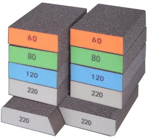 BOSHCRFAT 10 Pack Sanding Block, Washable and Reusable Sanding Sponge for Wood Drywall Metal Glasses Coarse/Medium/Fine/Superfine in 60/80/100/120/180/220 Grit Sandpaper Block Sand Paper Brick