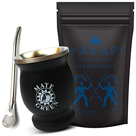 Vakapi Yerba Mate Green Set Mas Inteligente 500 g Mug isotherme en acier inoxydable avec Bombilla, thé maté au ginseng de Sibérie 700 g