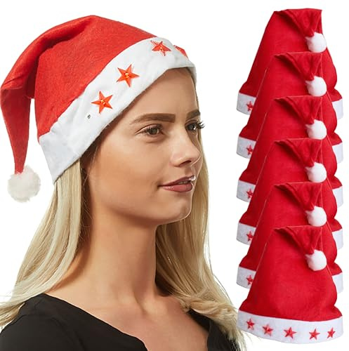 6 x Weihnachtsmütze mit blinkenden Sternen Nikolausmütze leuchtend | mit verschiedenen Leucht-Modis - Blinkende Nikolausmütze