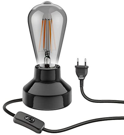 ledscom.de Porzellan Tischlampe TIX, rund, Stecker, Schalter, schwarz + LED Lampe 240lm, extra-warmweiß