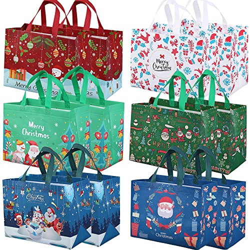 Volsha 12 Pack Christmas Reusable Grocery Bag,Tote Bag with Handle, Gift Present Bag, Shopping Bag for Holiday Xmas Event Party