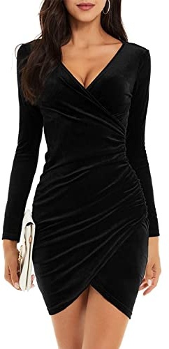 Joligiao Abito Elegante Invernale in Velluto da Donna - Vestito Aderente a Maniche Lunghe Vintage, Sexy Scollo a V Corto per Cocktail e Festa da Sera (A-Nero, M)