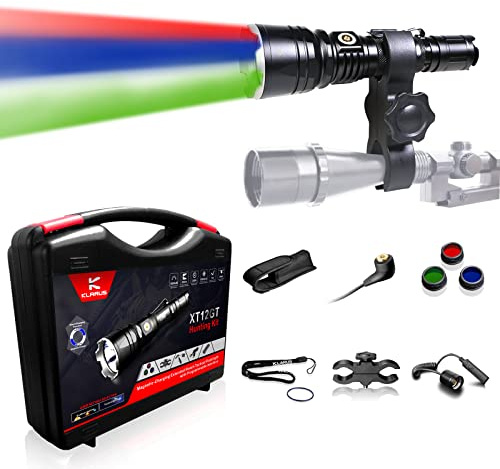 klarus XT12GT Hunting Kit 1600 Lumens Rechargeable LED Tactical Torch Red Green White FT12 Light, Beam Reach 603m, LED Spotlight Torches with Magnetic Charging Cable,Remote Switch, Holster,Clip