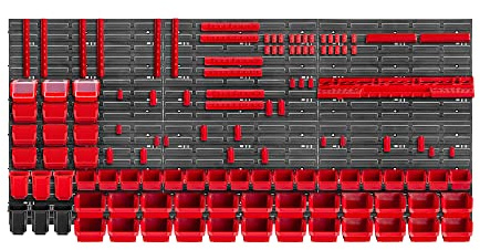 KADAX Werkzeugwandregal Groß, 174x78cm Lagersystem aus robustem Kunststoff, UV-Resistentes Modul-System, Erweiterbare Wandplatten, Werkstattregal für Garage (Rot, 150 tlg.)