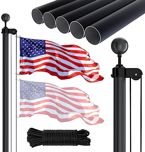 NELXINJO 20 FT sektionsflaggstångssats, slitstark aluminium utomhus flaggstång för marken, svart bolltopp, 3 x 5 USA-flagga för bostäder kommersiell utomhusträdgård (50 m, svart)