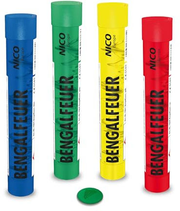 AKTIVHANDEL Bengalfeuer 4 Stück Bengalo Rauchfakel Handfackel in Rot Gelb Grün und Blau, Kat F1 Feuerwerk inkl. Einkaufswagenchip