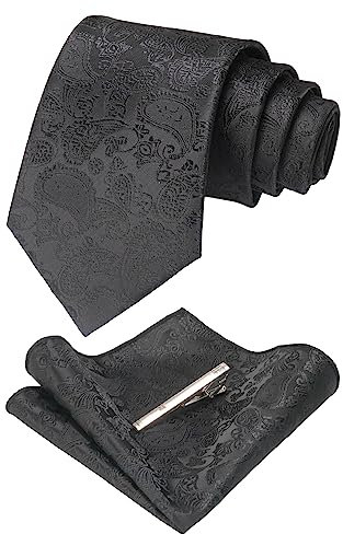 JEMYGINS ganz schwarz 2 krawatte Paisley Seide Herren Krawatten und Einstecktuch mit krawattenklammer Sets