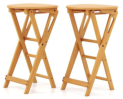 COSTWAY Set di 2 sgabelli pieghevoli alti in bamb, leggeri e portatili con poggiapiedi e sedile ampio, adatti per bar, cucina o penisola, 36 x 33 x 61 cm
