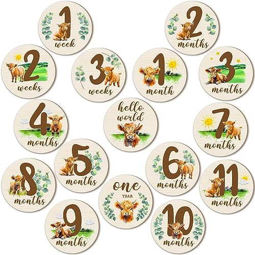 Tiamon 16 Pcs Baby Monthly Milestone Cards Wooden, Highland Cow