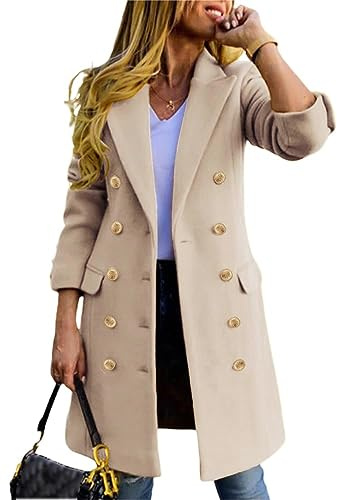 Kinghua Damen Zweireihiger Wollmantel Herbst Winter gekerbtes Revers Midi Lange Wolle Peacoat Jacke, Beige, X-Small