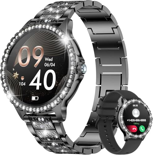 LIGE Smartwatch Damen mit Telefonfunktion, 1.32 Diamant Fitnessuhr für IOS Android, Menstruationszyklus, Herzfrequenz, Schrittzähler Armbanduhr, 500+ Ziffernblätter Smart Watch, Schwarz Edelstahl