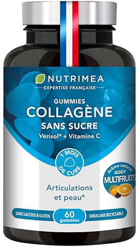 Gummies Collagène | Verisol® | Peptides de Collagène Hydrolysés de Type I | Riche en vitamine C | Hydratation de la Peau | Protège les Os | 60 Gummies | Nutrimea | Fabriqué en France