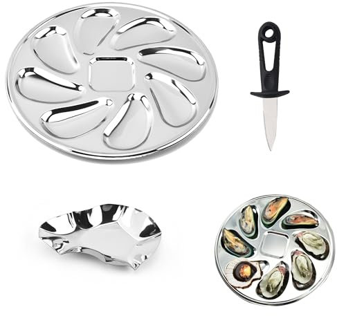 TINGWEN 3 Pezzi Piatto per Ostriche Acciaio Inox Piatto durevole ostriche Vassoio a forma di guscio di ostriche Con 8 scomparti,coltello per ostriche Per ostriche e crostacei Frutti di mare,Salsa
