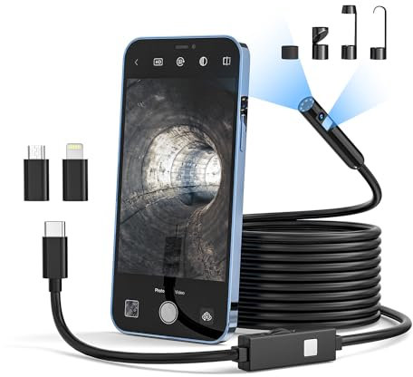Dual Lens Endoskopkamera mit Licht, Qimic 1080P HD Endoskop-Kamera Handy Kein WLAN Erforderlich IP67 wasserdichte 8+1 LEDs, Halbstarrem Kabel für Android und iPhone, iPad, Schwarz(16.4FT/5M)