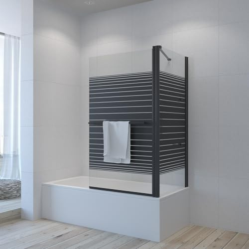 Badewannenaufsatz mit Seitenwand Schwarz matt Querstreifen Dekor 80 x 70 x 140 cm Eck Duschtrennwand für Badewanne Duschwand Glas 5 mm Sicherheitsglas ESG NANO Beschichtung Eckablage | AQUABATOS