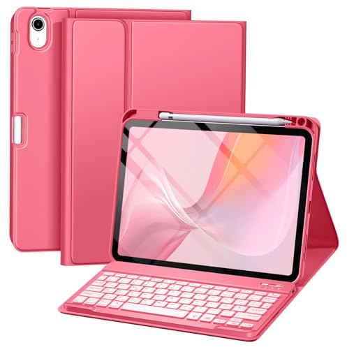 drivego Hülle mit Tastatur für iPad A16 11. 2025/10. 2022 (11/10.9 Zoll) | 7-farbige Beleuchtung Magnetische Abnehmbare Tastatur für iPad 11/10 Generation Hülle mit Stifthalter, Pink