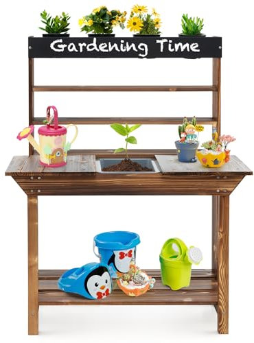 DREAMADE Matschküche Kinder Outdoor, Pflanzbank für Kinder aus massivem Tannenholz mit abnehmbarem Waschbecken & Tafel & 4 Blumentöpfen, Outdoor Spielküche Kinderküche für Kinder ab 3 Jahren