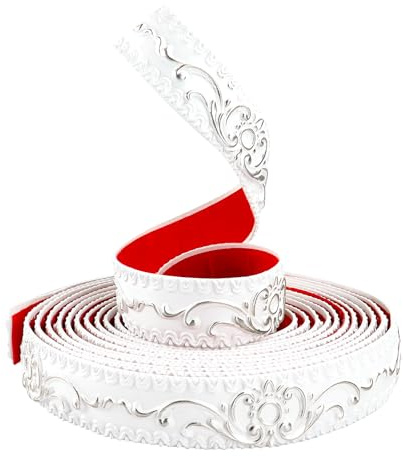 TECDW 5 Mètres Peler Et La Moulure Murale, Bordure Murale de Papier Peint Auto-adhésive, Garniture de Moulage Flexible, Bordure de Papier Peint 3D pour Miroir, Mur (Blanc Avec De L'Argent, 3,6cm W)