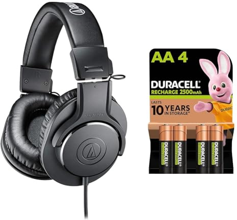 Audio-Technica M20x Professional Monitor Headphones Black & Duracell Rechargeable AA Batteries (Pack of 4), 2500 mAh NiMH, pre-charged, Our No. 1 Longest Lasting Rechargable battery