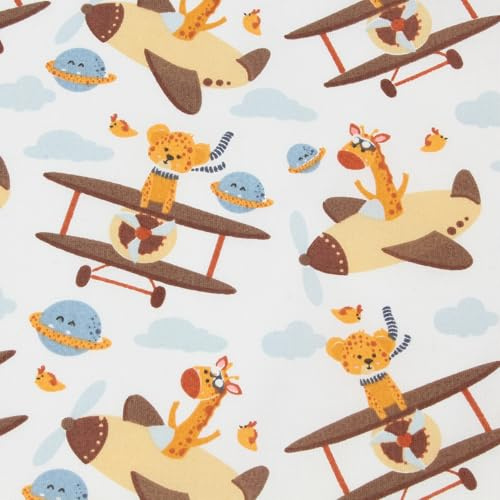 Kinderstoff Baumwolle Meterware 160 cm – Giraffe & Gepard im Flugzeug – Tiermotiv Stoff weiß – Baumwollstoff schadstoffgeprüft für Kinderzimmer, Bettwäsche & Deko