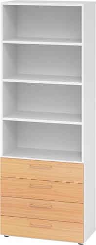bümö smart Schubladenschrank, Büroschrank 80cm breit in Weiß/Buche mit 4 Schüben & 4 Regalfächern - Bürocontainer aus Holz, Container mit Metallgriffen & Soft-Stop Schubladen