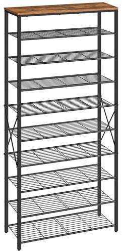 HOOBRO 10-Tier Shoe Rack, Tall Shoe Rack Storage, Large Capacity Shoe Organizer, Tall Shelf, Industrial Storage Rack, Adjustable Metal Mesh, For Entrance, Rustic Brown and Black EBF89XJ01
