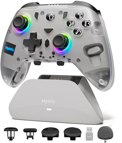 Mytrix Pro PC-Controller mit Ladestation, kabelloser Bluetooth 2.4G kabelgebundener Multiplattform-Controller, Hall-Effekt-Joysticks, Hall/Micro 2-in-1-Trigger, 4 Makro-Tasten, ABXY MicroSwitch